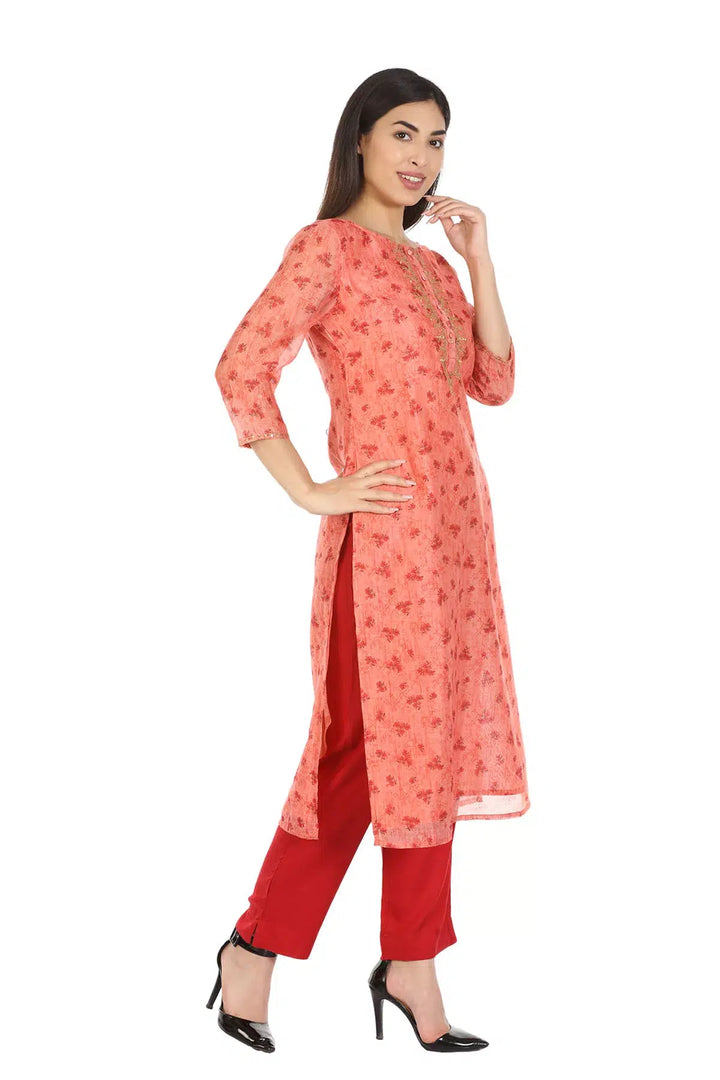 Peach Polyester Printed Kurti