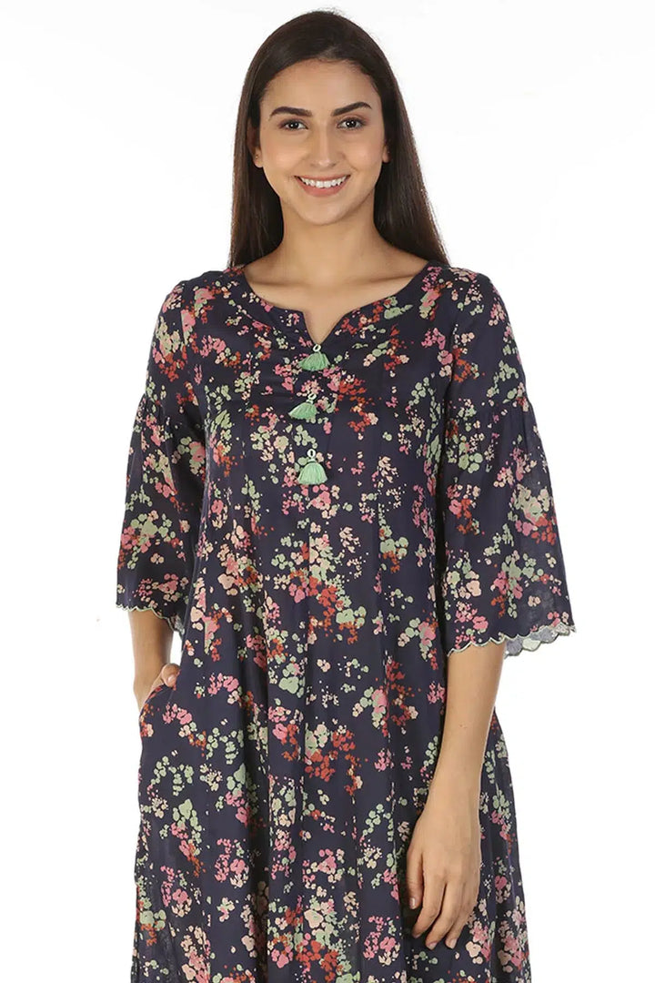 Modal Printed Kurti with Scallop Sleeve and tassels