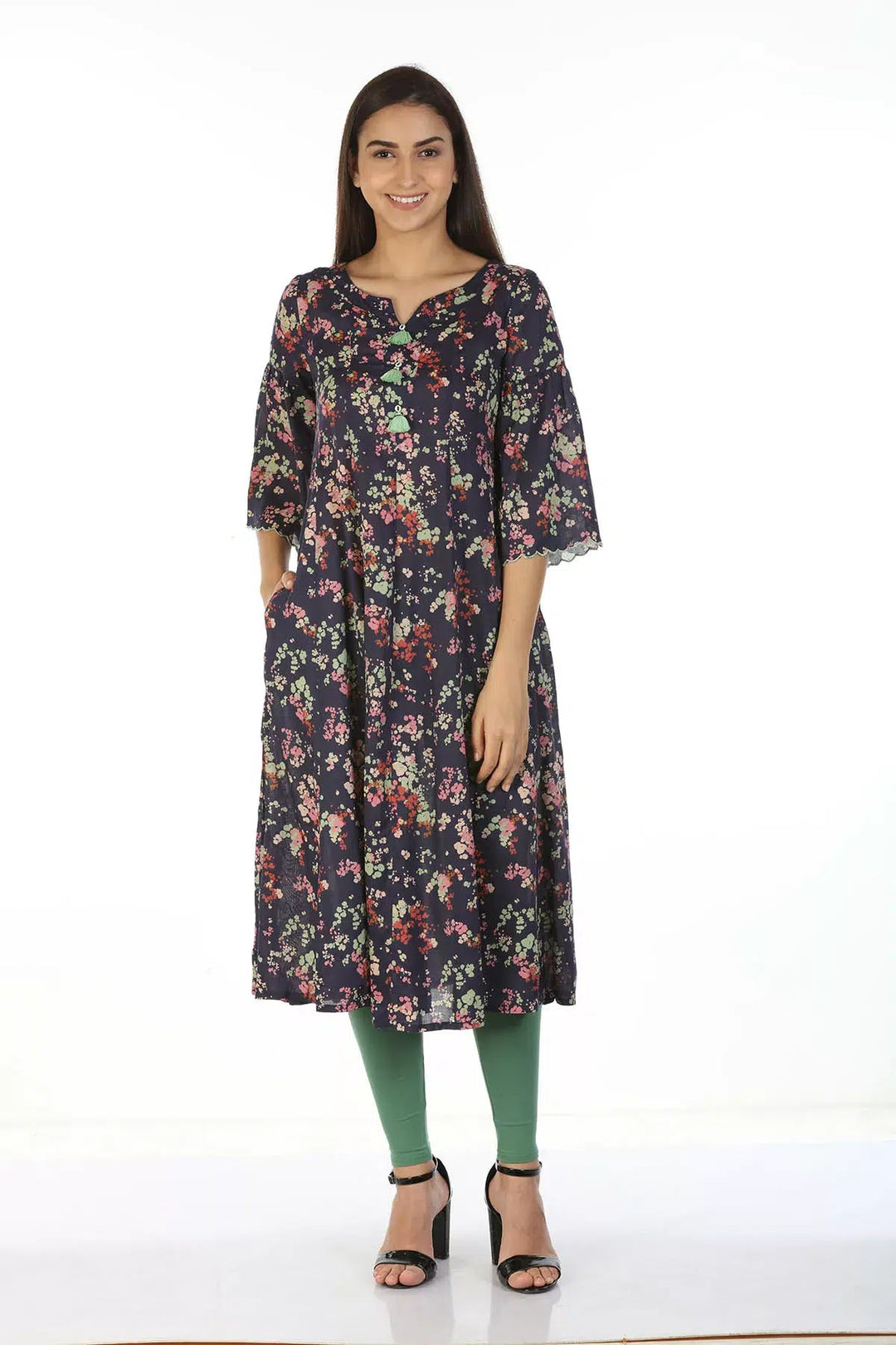 Modal Printed Kurti with Scallop Sleeve and tassels