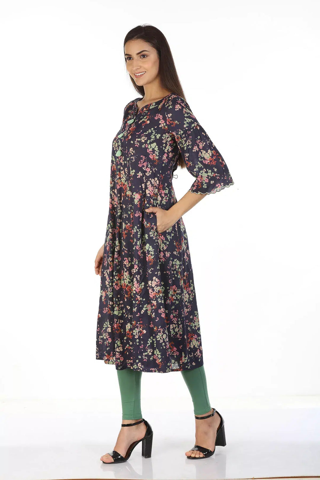 Modal Printed Kurti with Scallop Sleeve and tassels