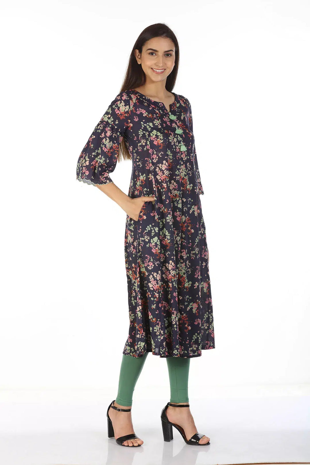 Modal Printed Kurti with Scallop Sleeve and tassels