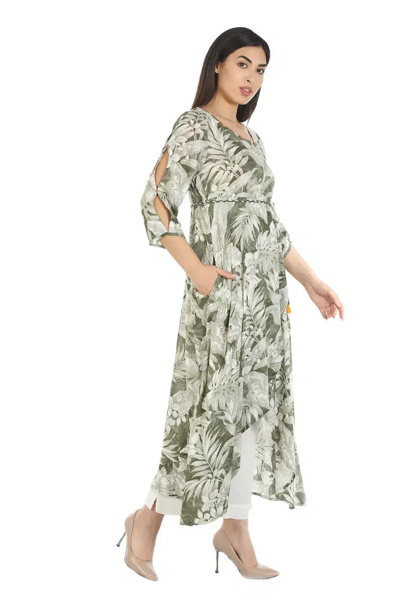 Olive Green Printed Viscose Kurti
