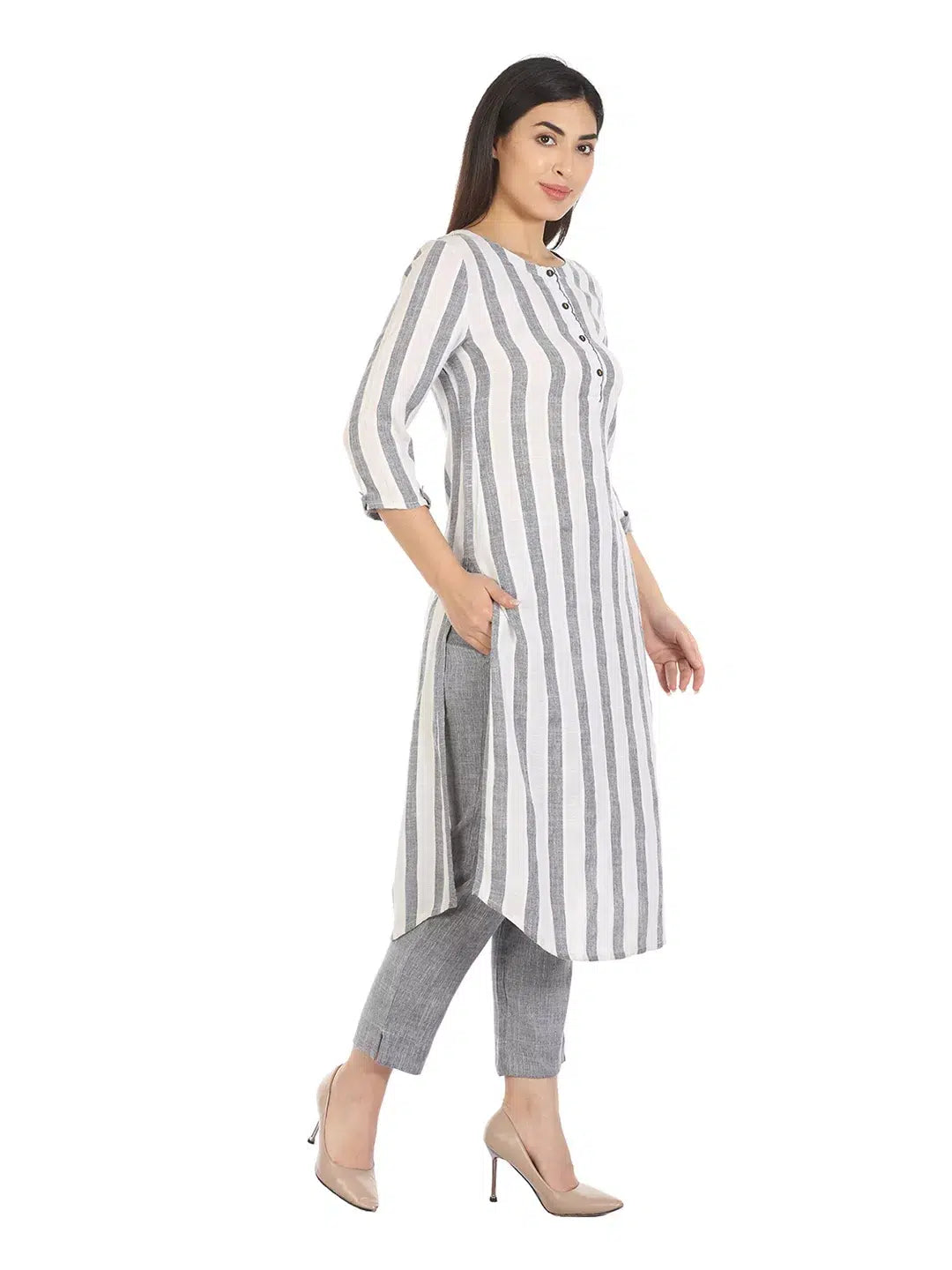 White Viscose Striped Kurti