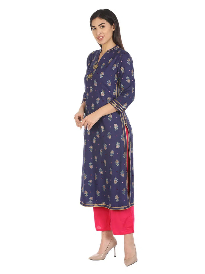 Blue Printed Viscose Long Kurti