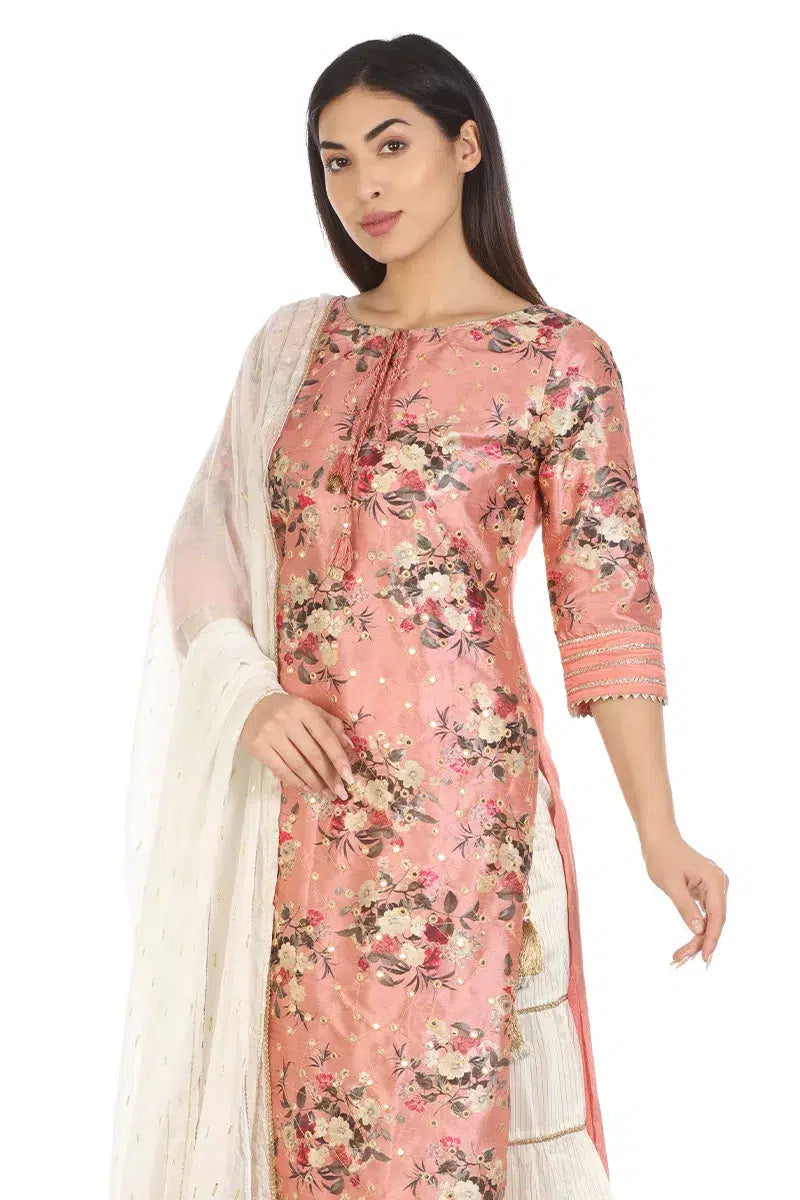 Dark Peach Floral Printed A-Line Ensemble Kurti