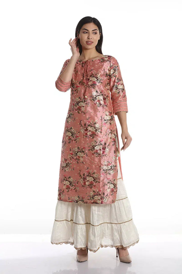 Dark Peach Floral Printed A-Line Ensemble Kurti