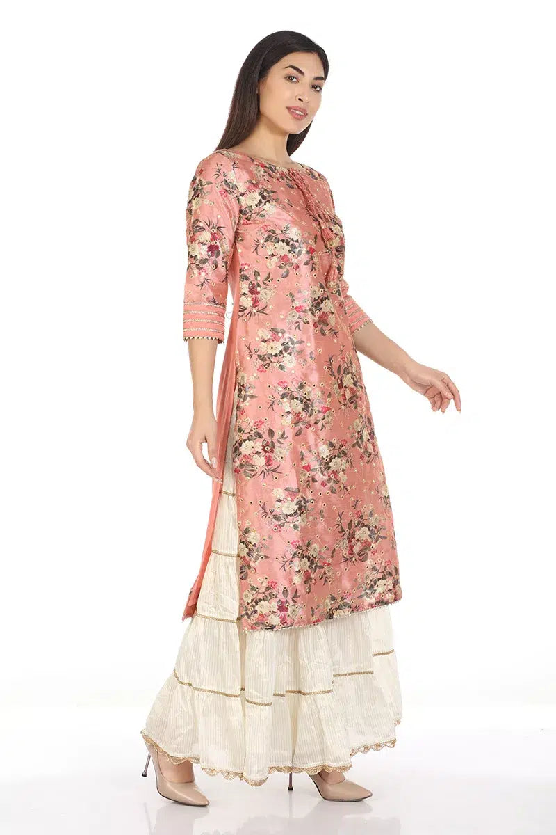 Dark Peach Floral Printed A-Line Ensemble Kurti