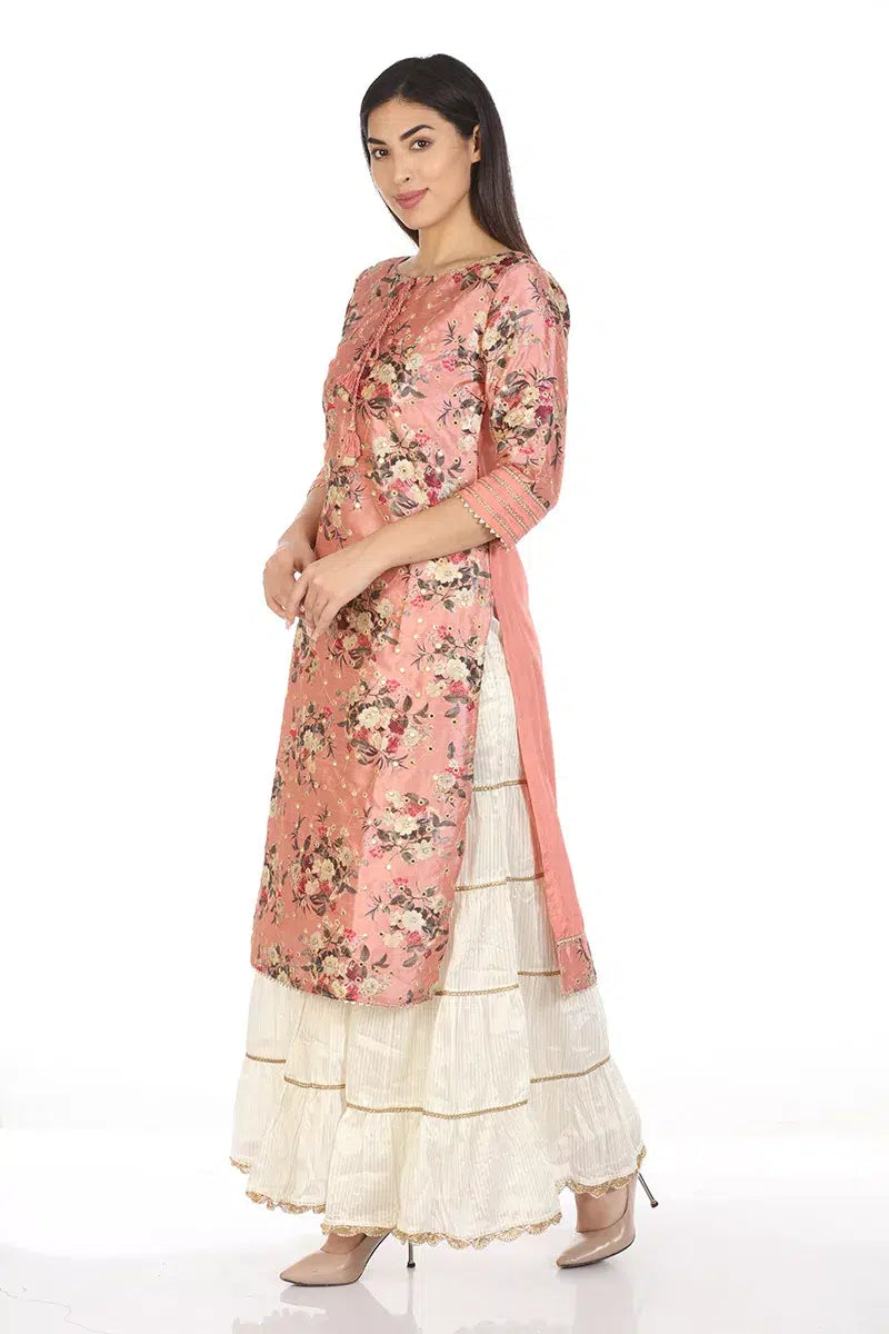 Dark Peach Floral Printed A-Line Ensemble Kurti