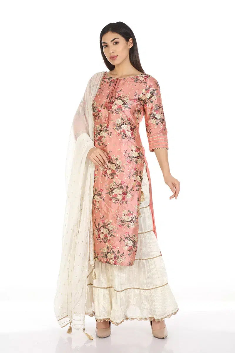 Dark Peach Floral Printed A-Line Ensemble Kurti