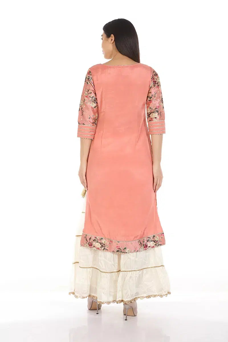 Dark Peach Floral Printed A-Line Ensemble Kurti
