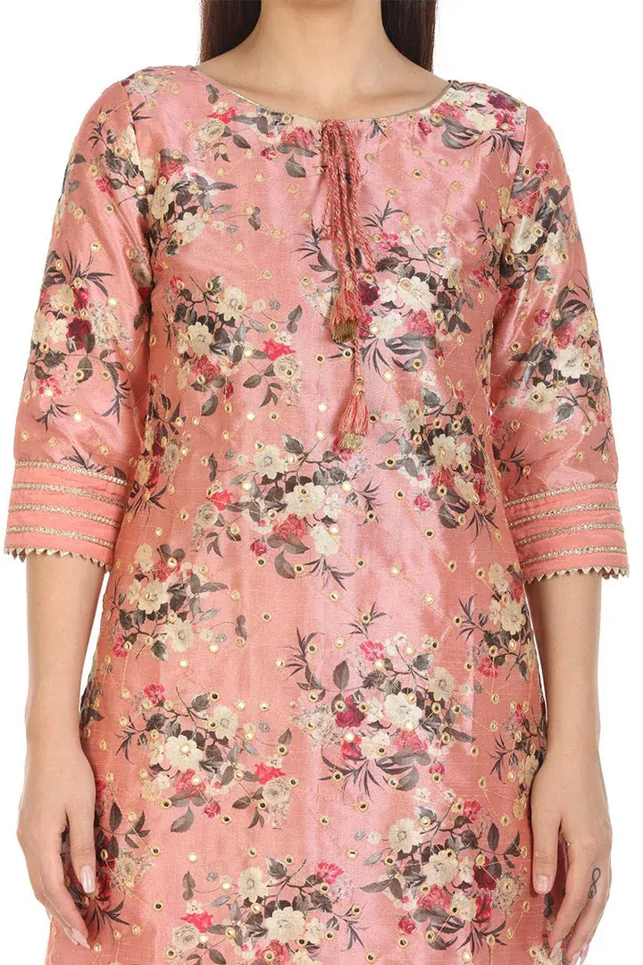 Dark Peach Floral Printed A-Line Ensemble Kurti