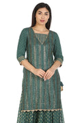 Green Embelished A-Line Ensemble Kurti (Chinnon Crepe)