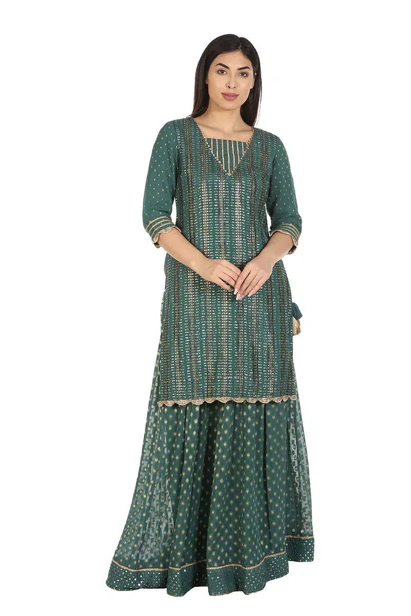 Green Embelished A-Line Ensemble Kurti (Chinnon Crepe)