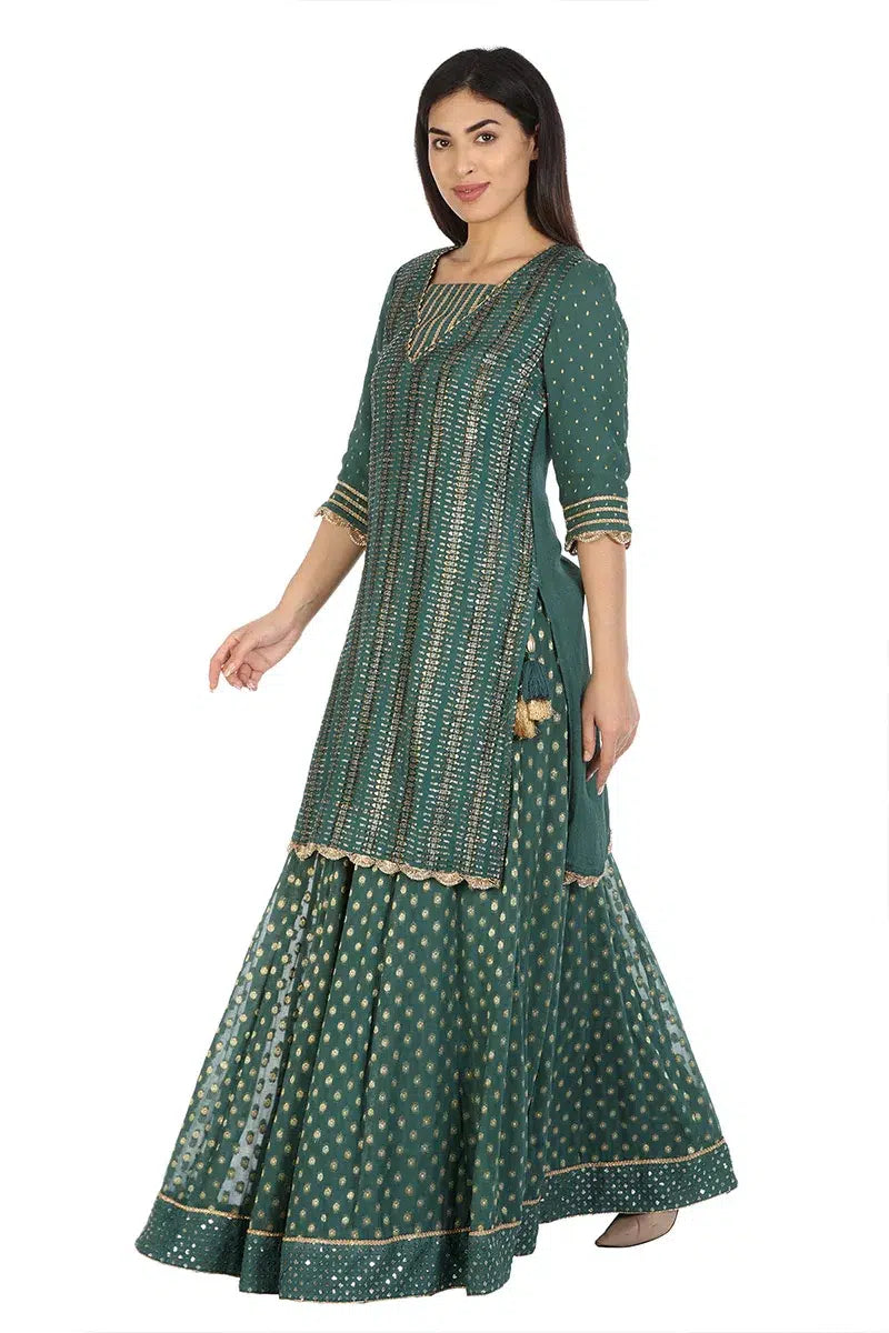 Green Embelished A-Line Ensemble Kurti (Chinnon Crepe)