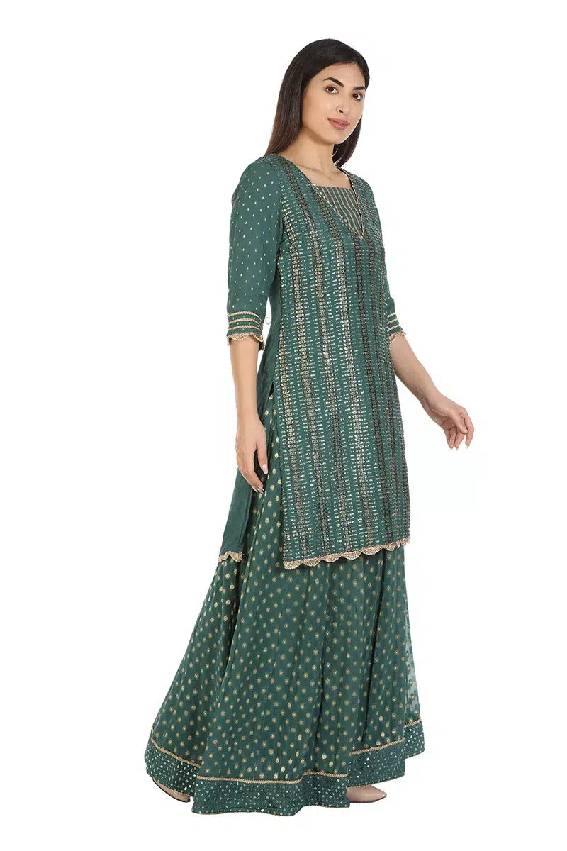 Green Embelished A-Line Ensemble Kurti (Chinnon Crepe)