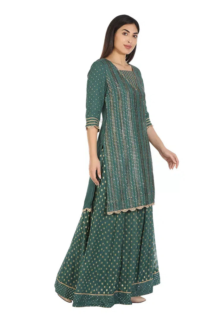 Green Embelished A-Line Ensemble Kurti (Chinnon Crepe)