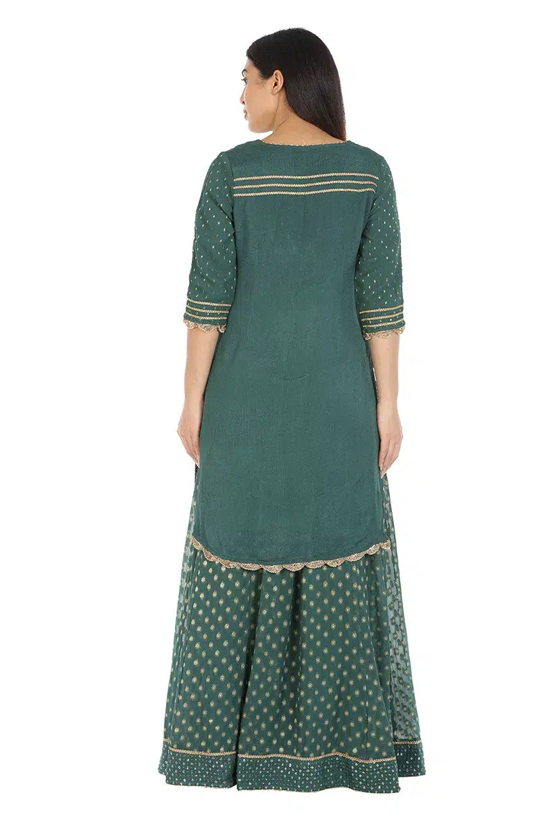 Green Embelished A-Line Ensemble Kurti (Chinnon Crepe)