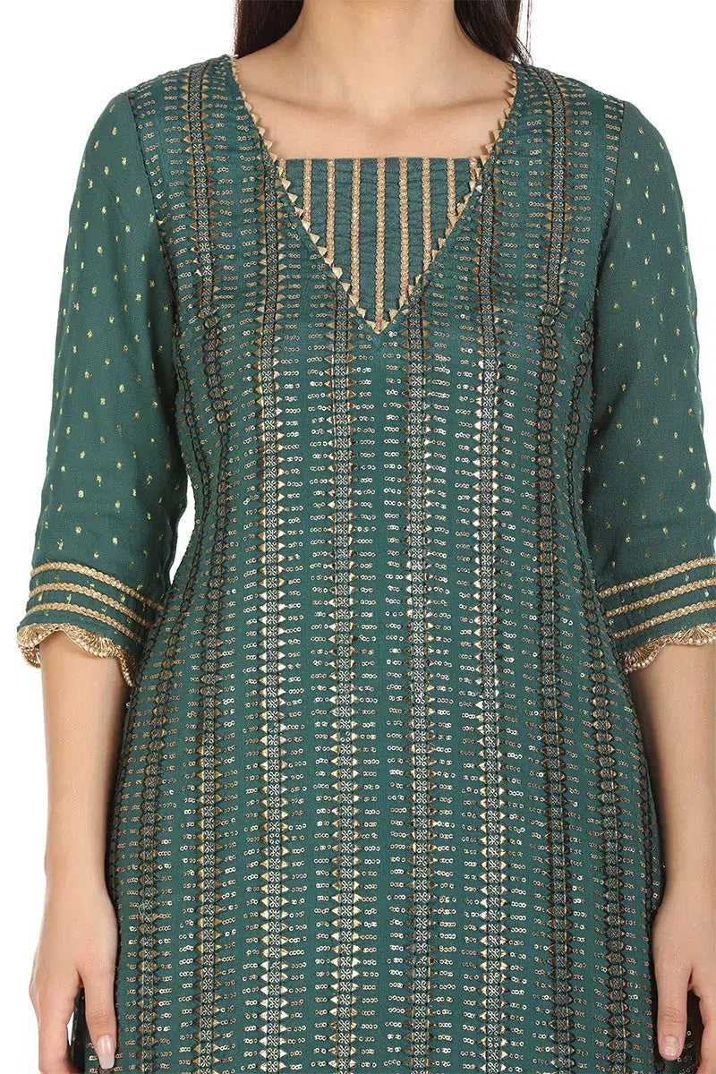 Green Embelished A-Line Ensemble Kurti (Chinnon Crepe)