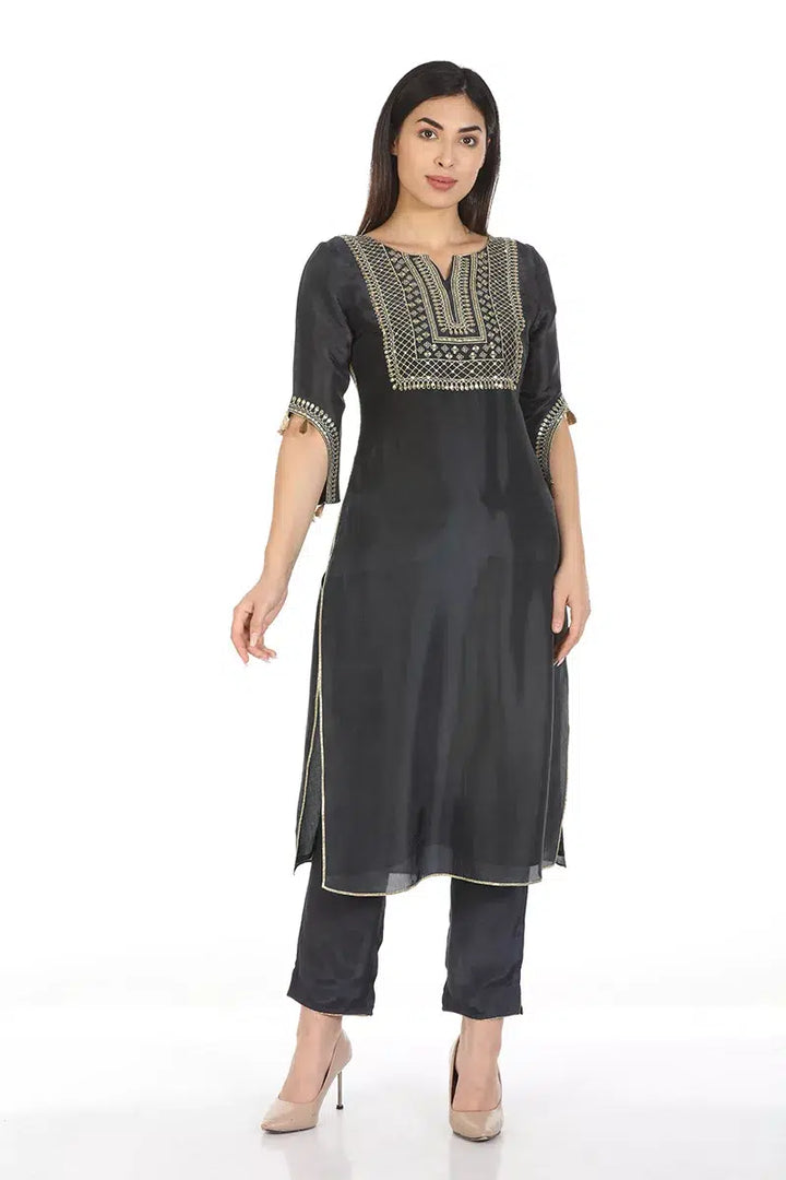 Dark Grey Embellished Ensemble Kurti with Mandarin Collar