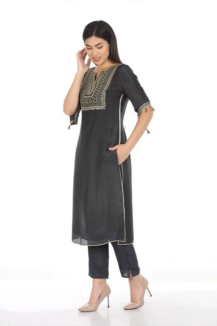 Dark Grey Embellished Ensemble Kurti with Mandarin Collar