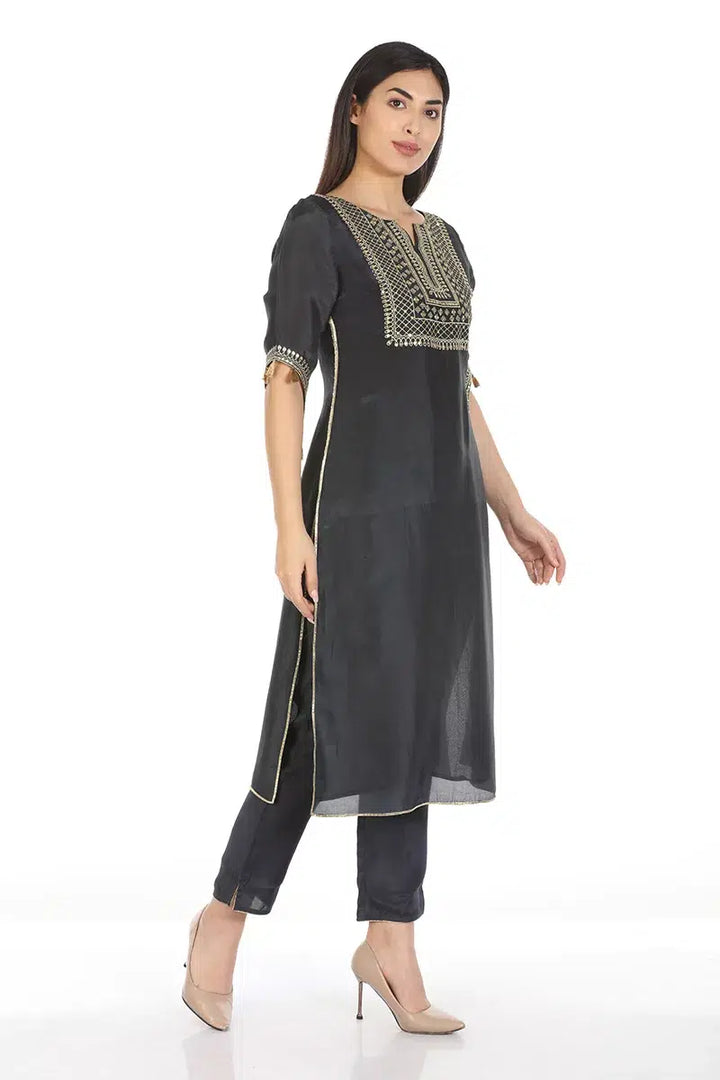 Dark Grey Embellished Ensemble Kurti with Mandarin Collar