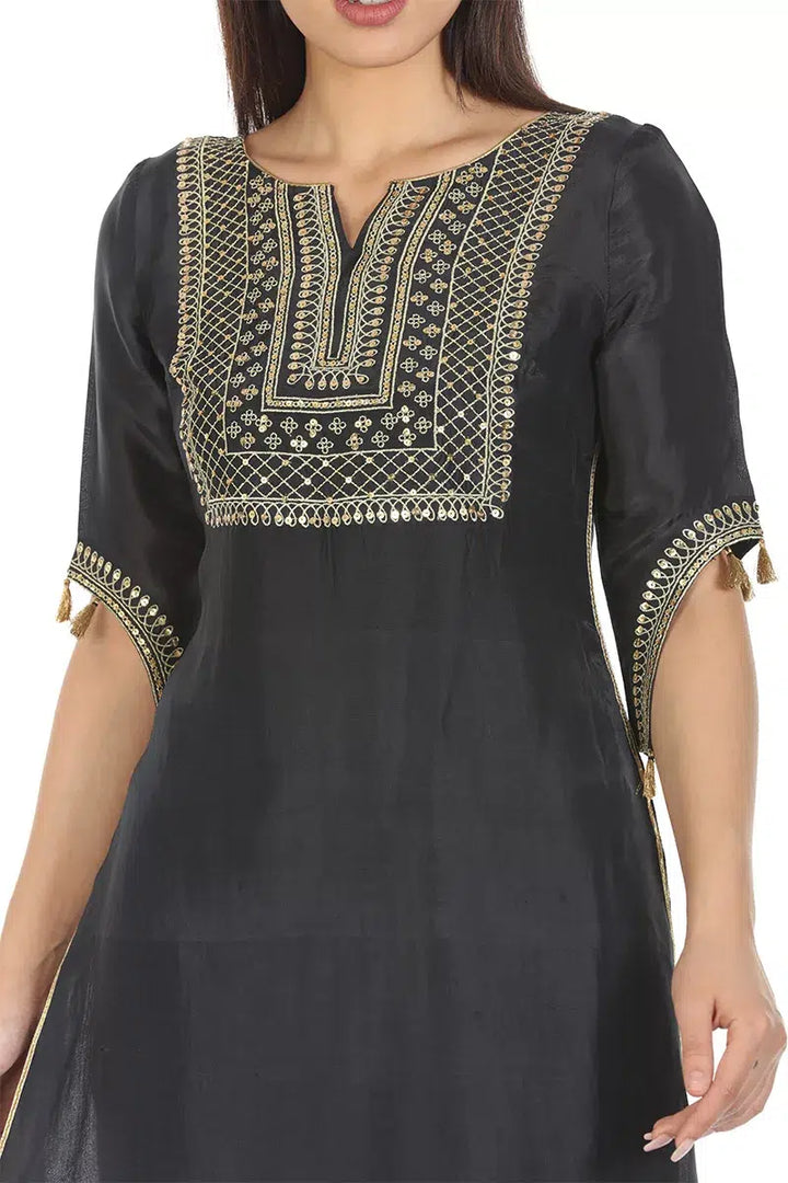 Dark Grey Embellished Ensemble Kurti with Mandarin Collar