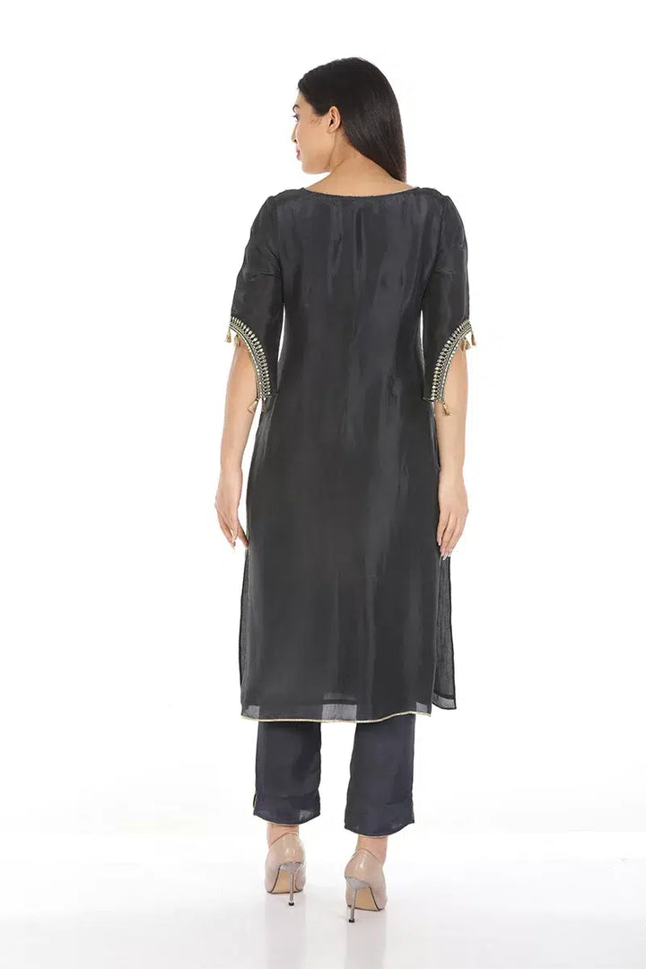 Dark Grey Embellished Ensemble Kurti with Mandarin Collar
