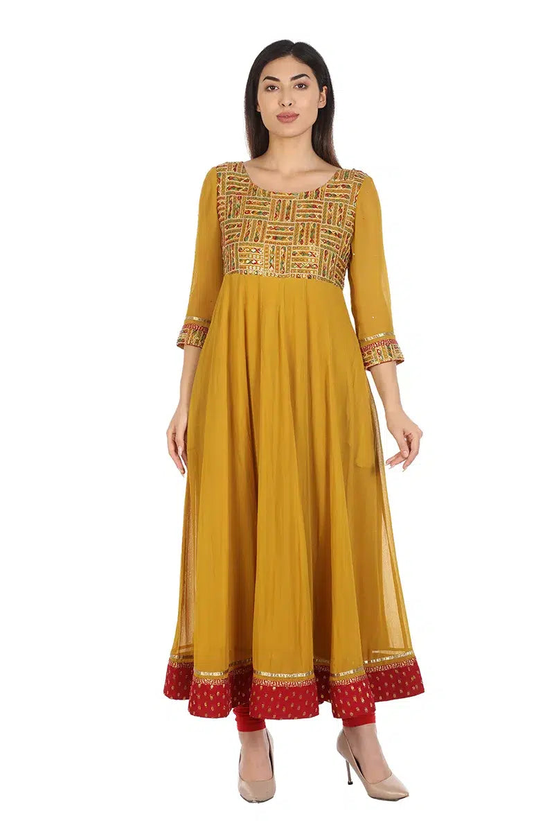 Mustard Yellow Embriodered Anarkali Ensemble Kurti