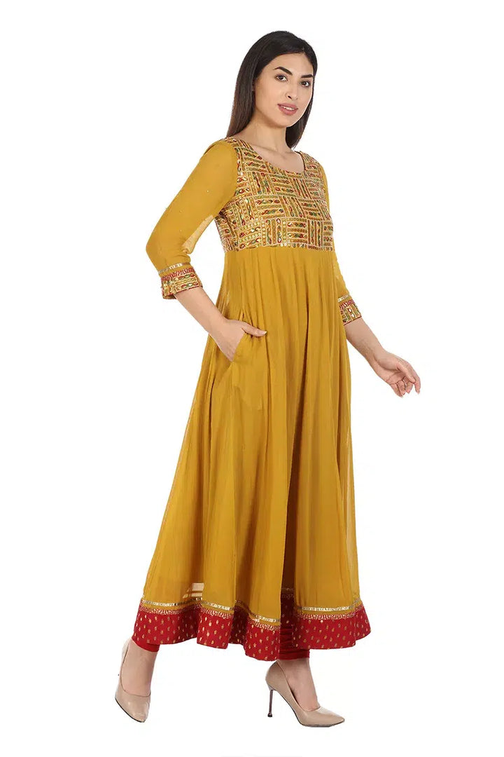 Mustard Yellow Embriodered Anarkali Ensemble Kurti