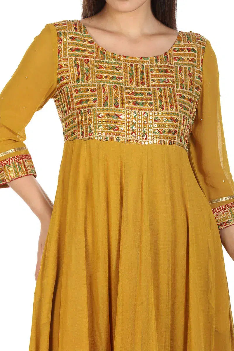 Mustard Yellow Embriodered Anarkali Ensemble Kurti
