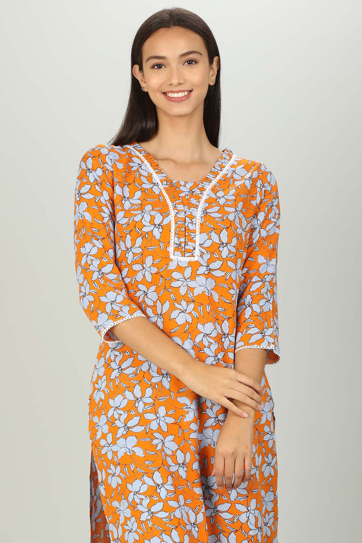 Orange and Light Blue V Neck print kurti