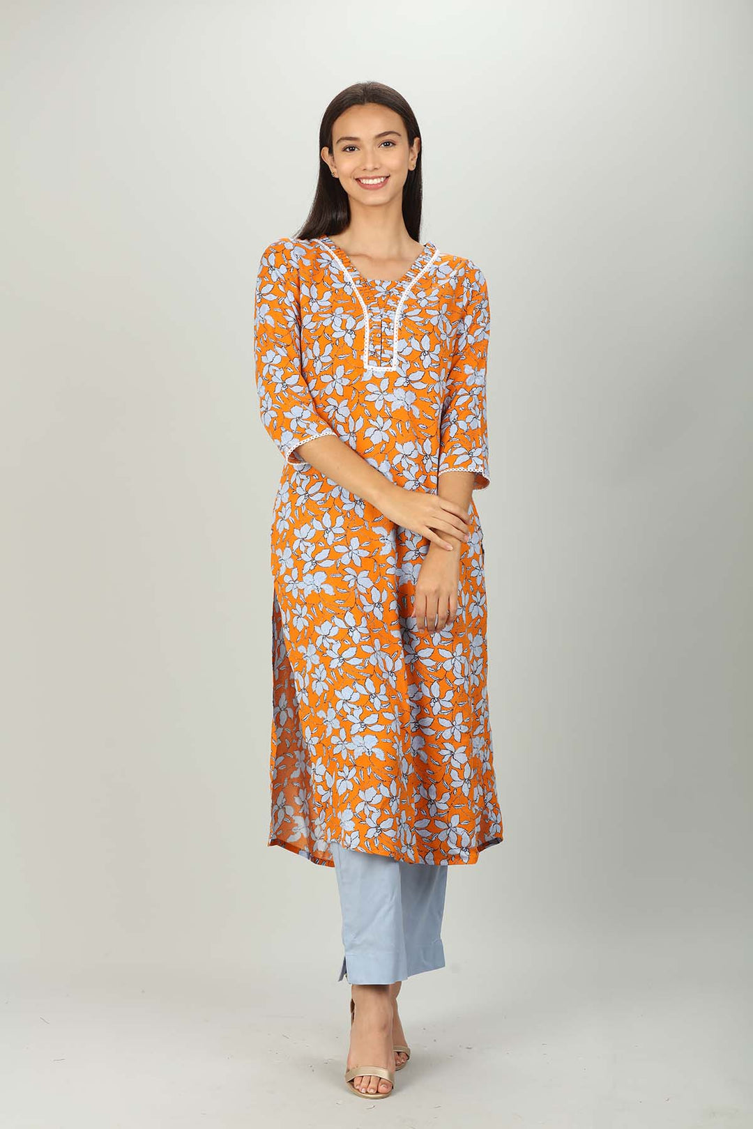 Orange and Light Blue V Neck print kurti