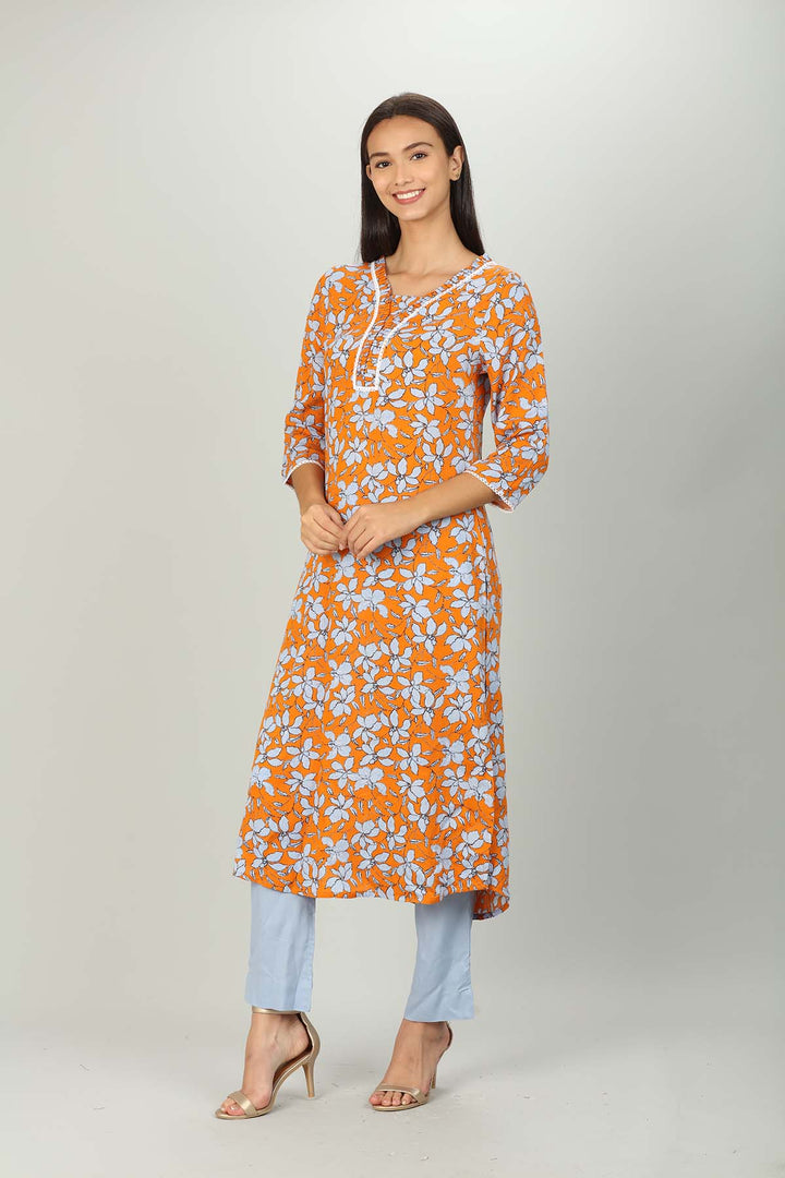 Orange and Light Blue V Neck print kurti