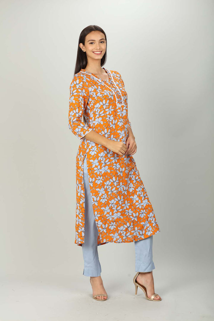 Orange and Light Blue V Neck print kurti