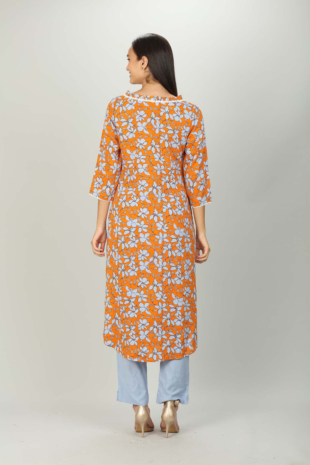 Orange and Light Blue V Neck print kurti