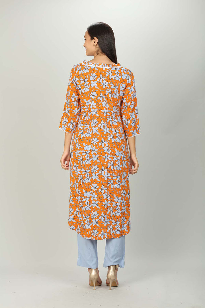 Orange and Light Blue V Neck print kurti