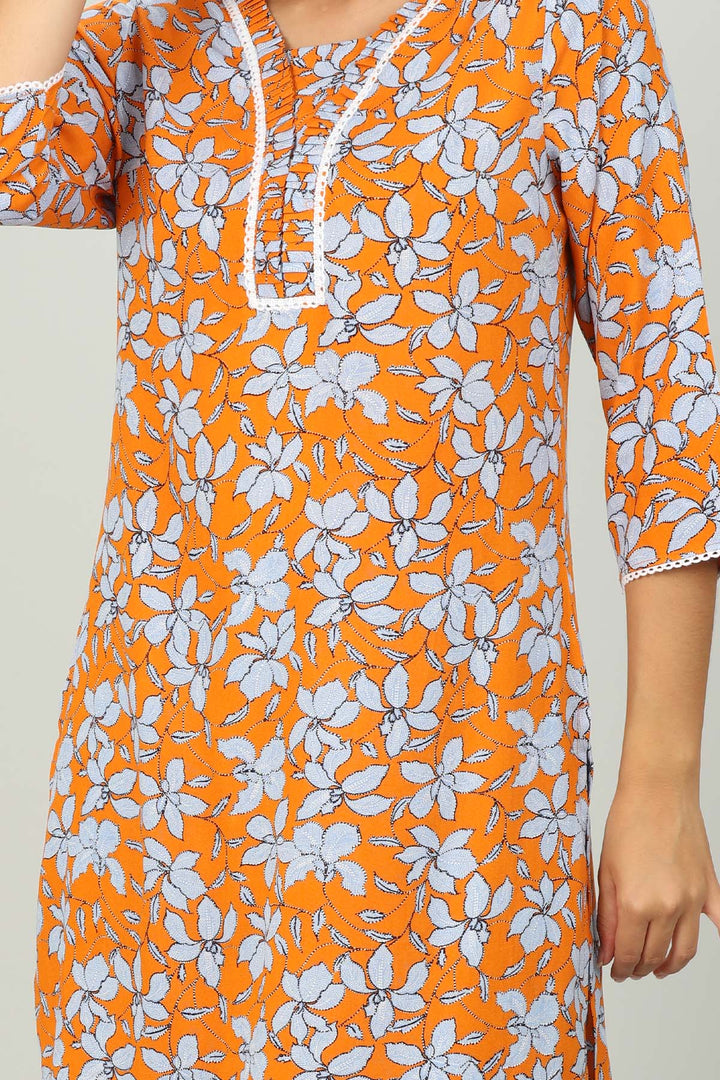 Orange and Light Blue V Neck print kurti