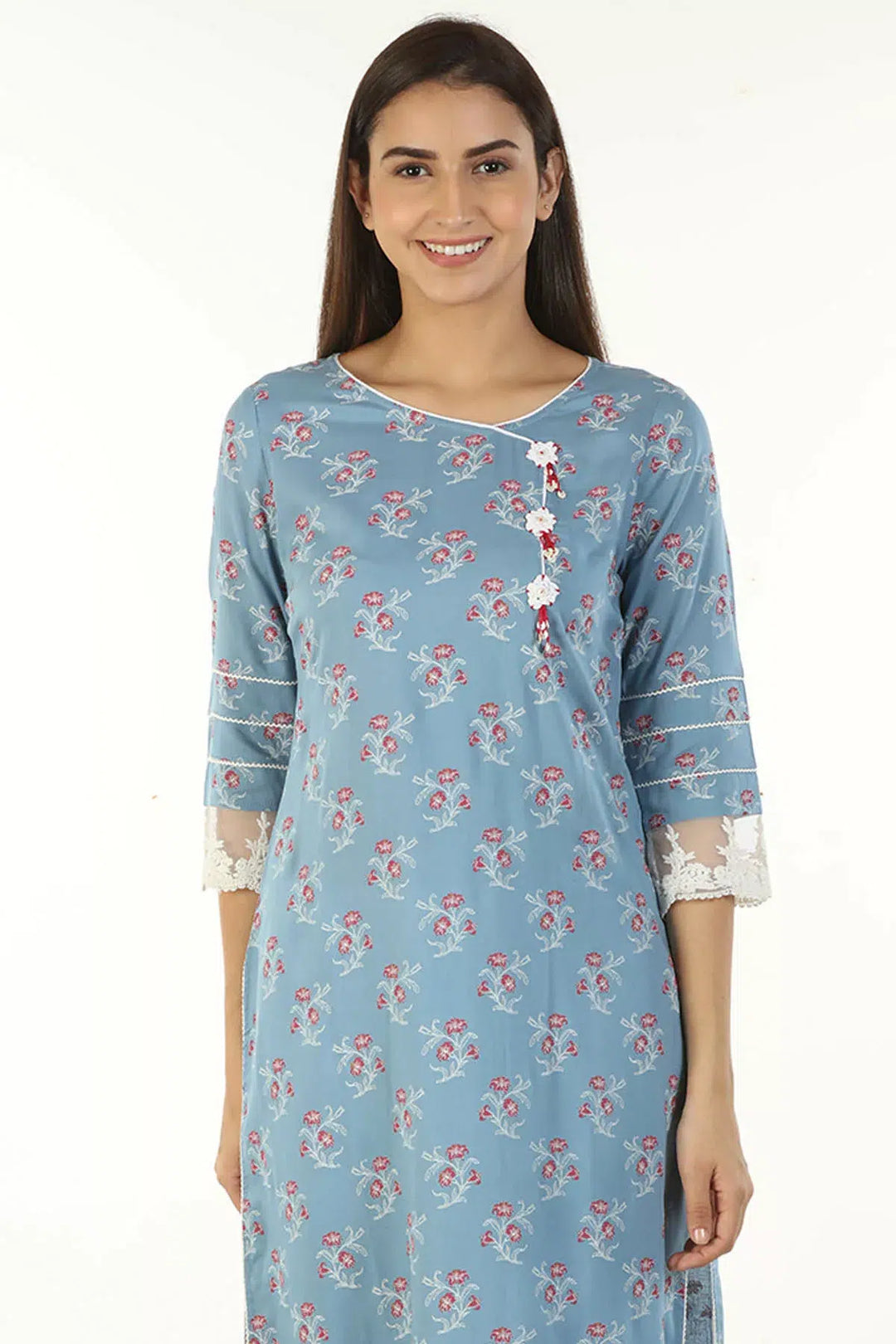 Rayon Printed V Neck Kurti (Blue)