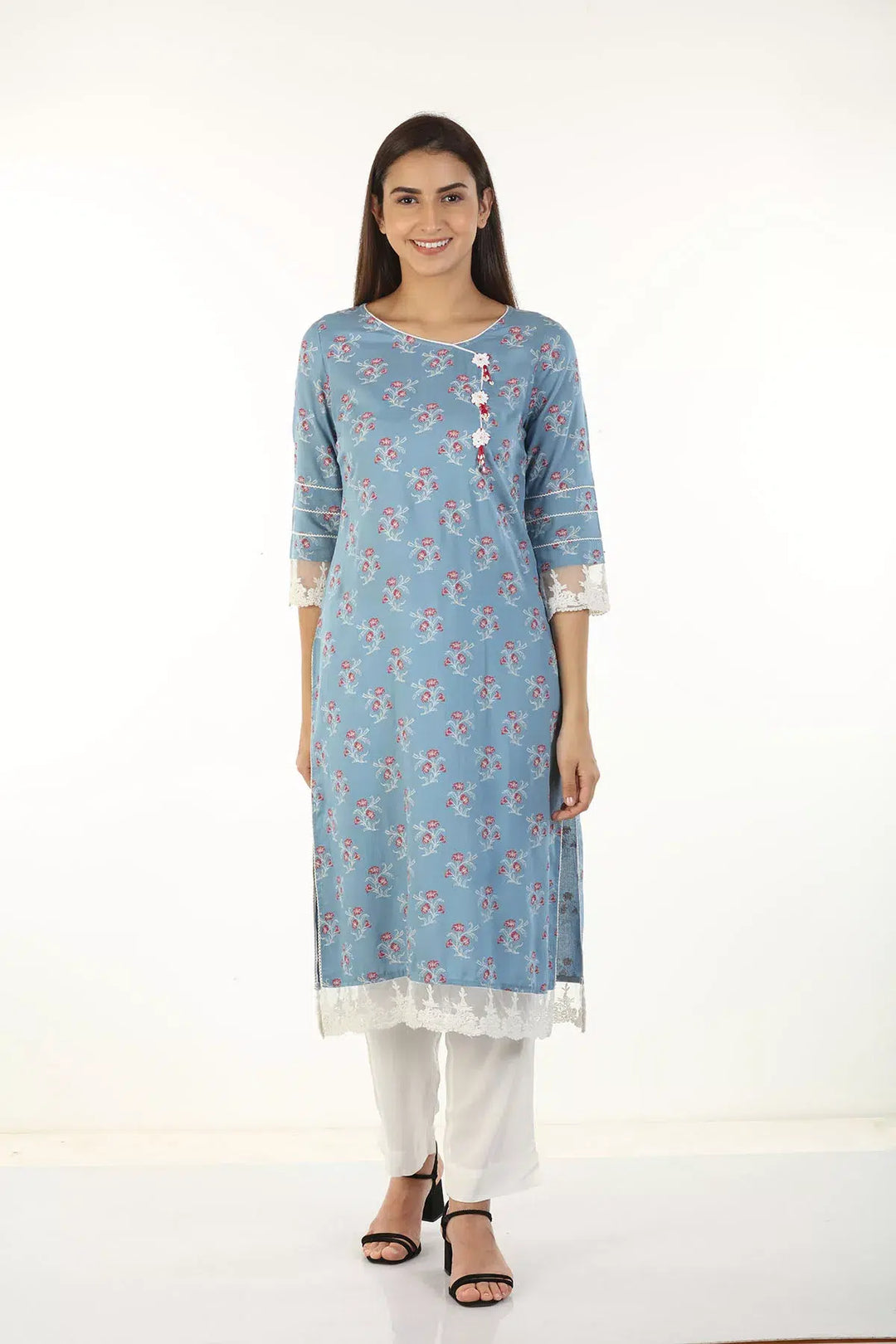 Rayon Printed V Neck Kurti (Blue)