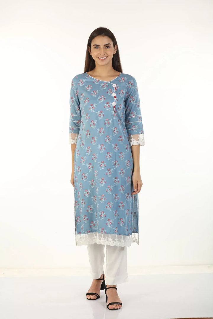Rayon Printed V Neck Kurti (Blue)