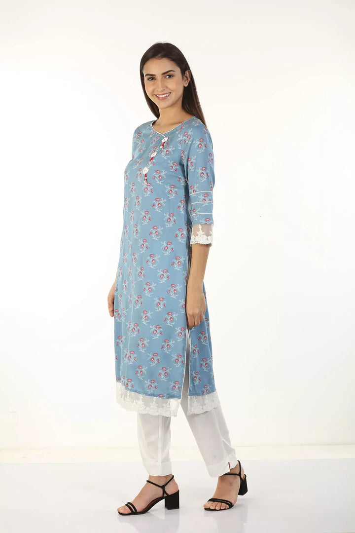 Rayon Printed V Neck Kurti (Blue)