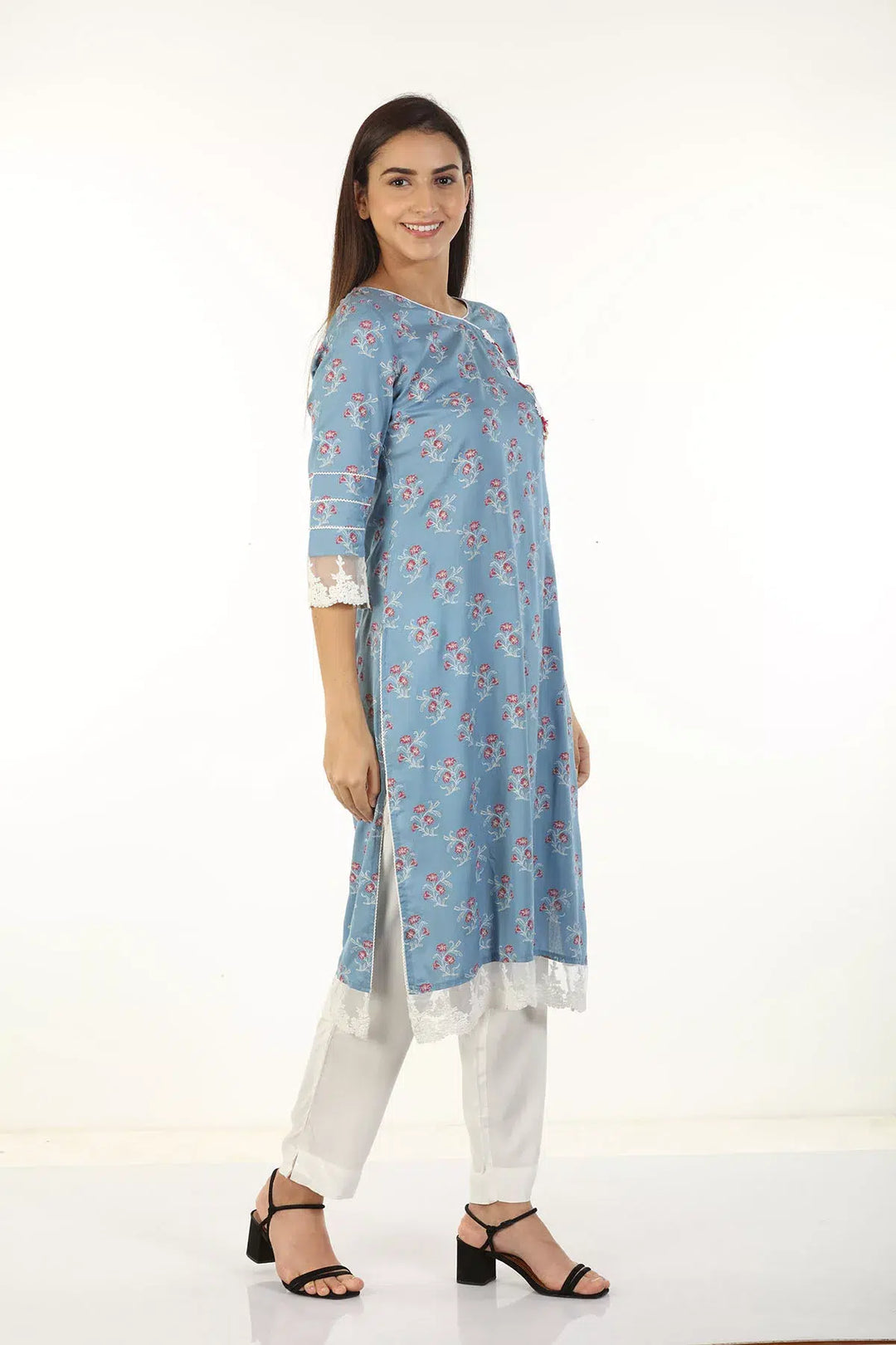 Rayon Printed V Neck Kurti (Blue)