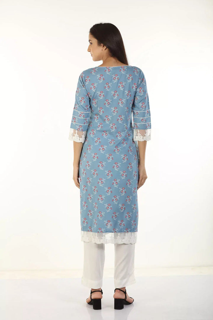 Rayon Printed V Neck Kurti (Blue)