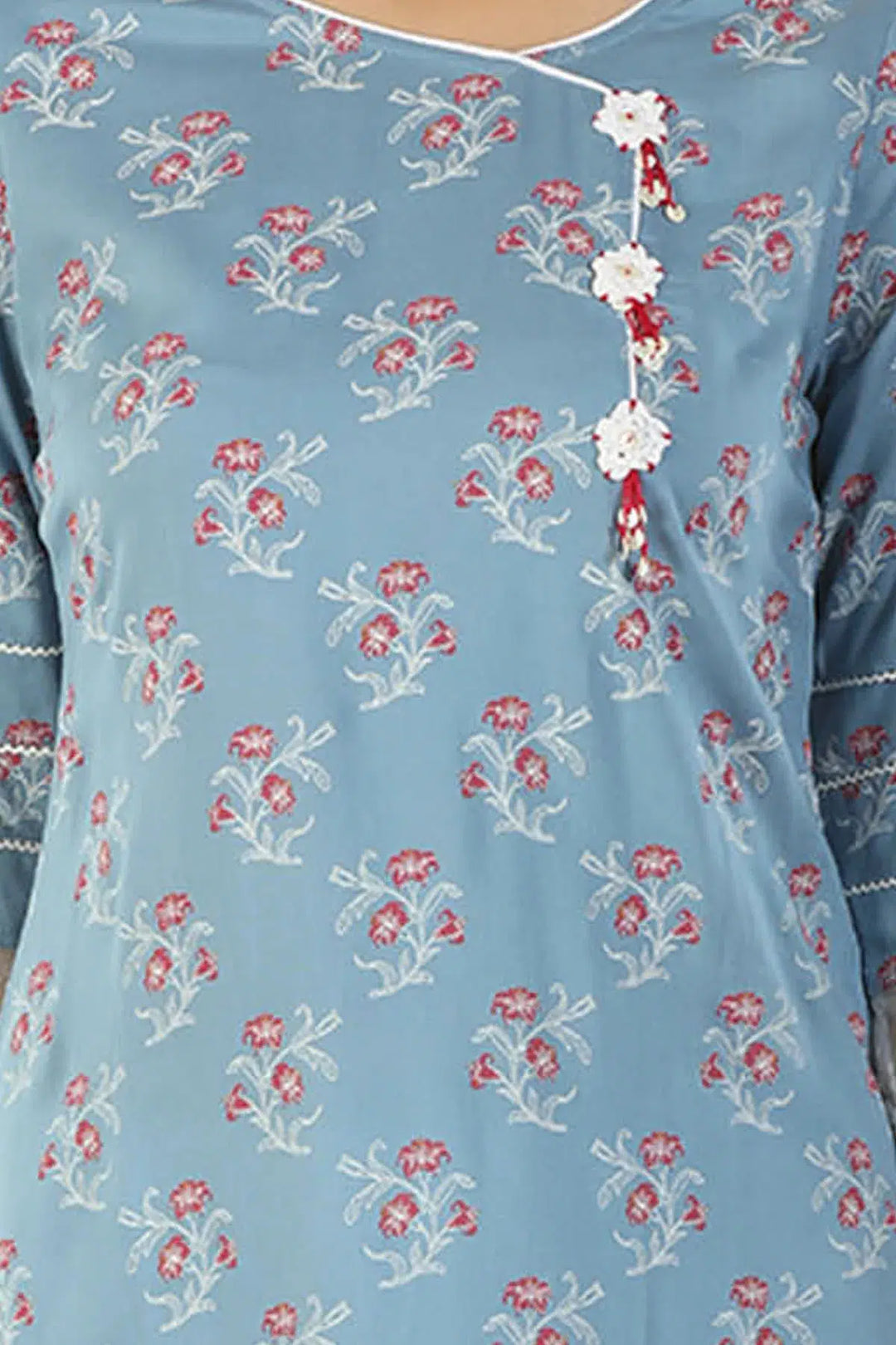 Rayon Printed V Neck Kurti (Blue)
