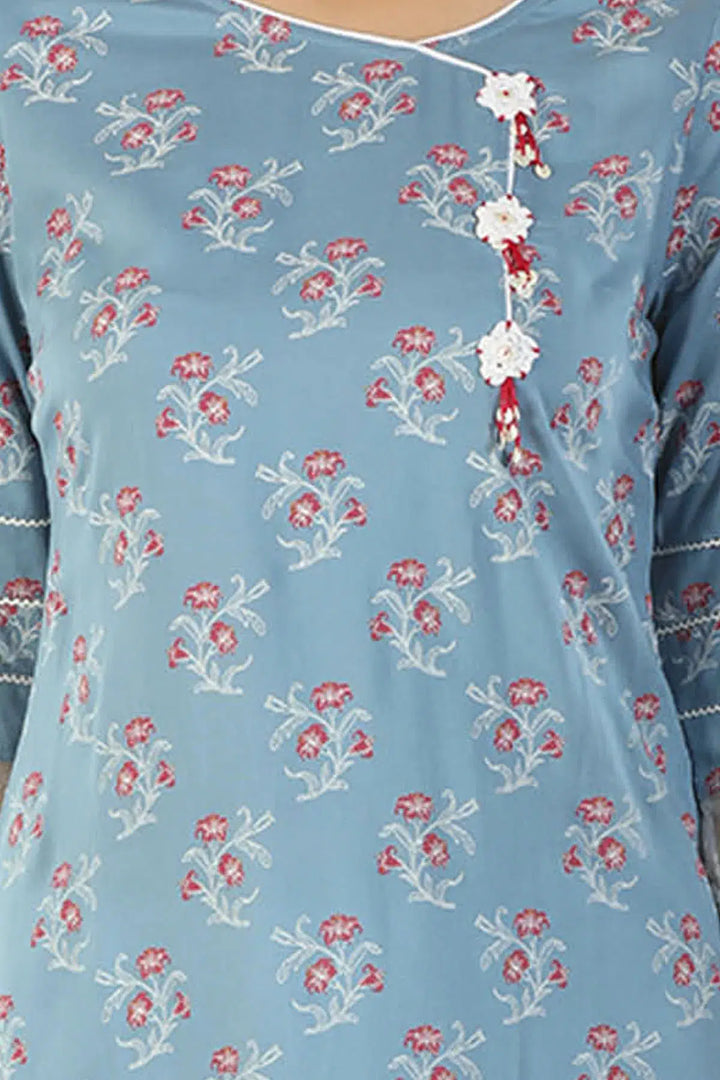 Rayon Printed V Neck Kurti (Blue)