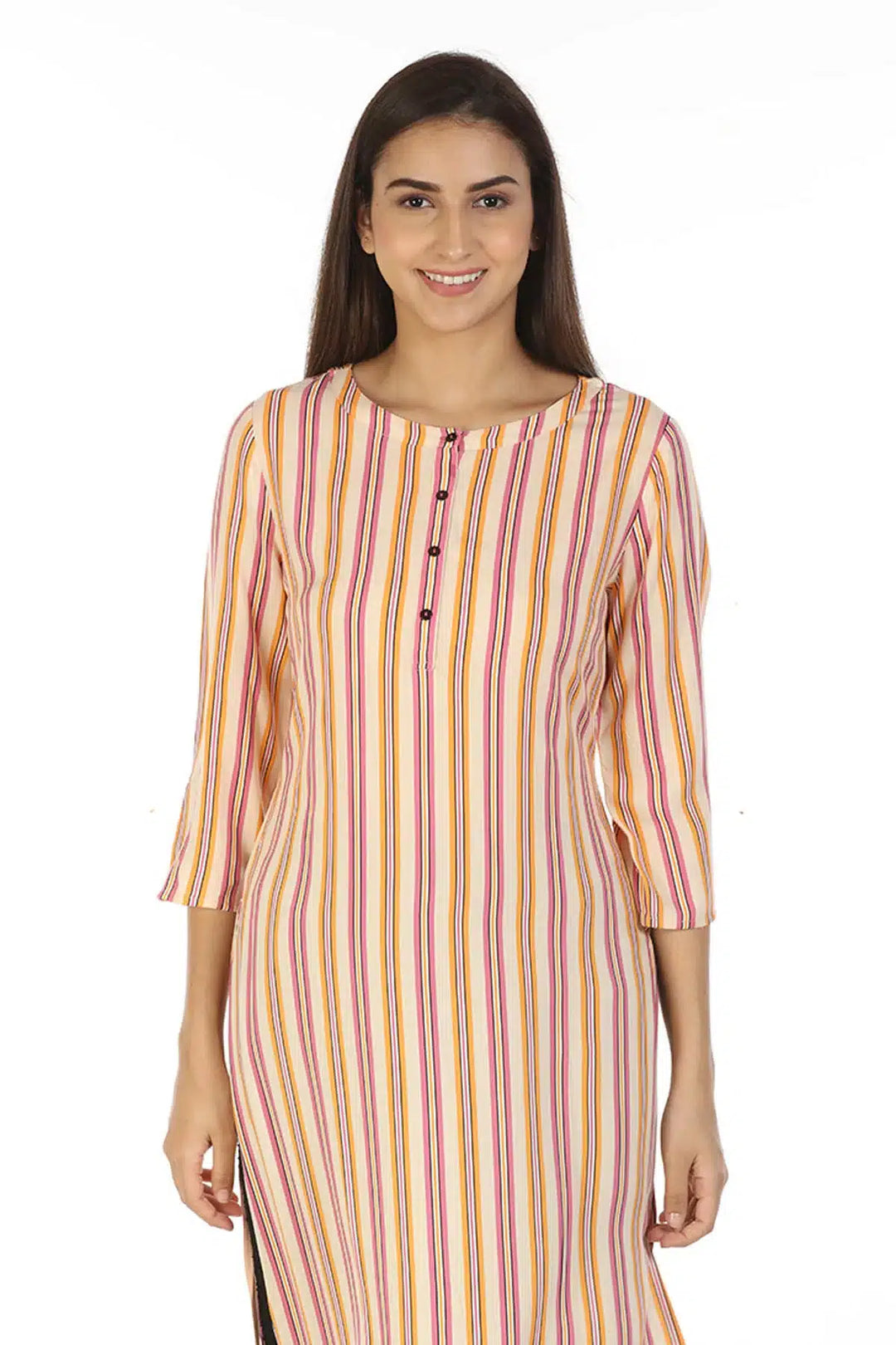 Rayon Striped Kurti with Round Collar (Peach)