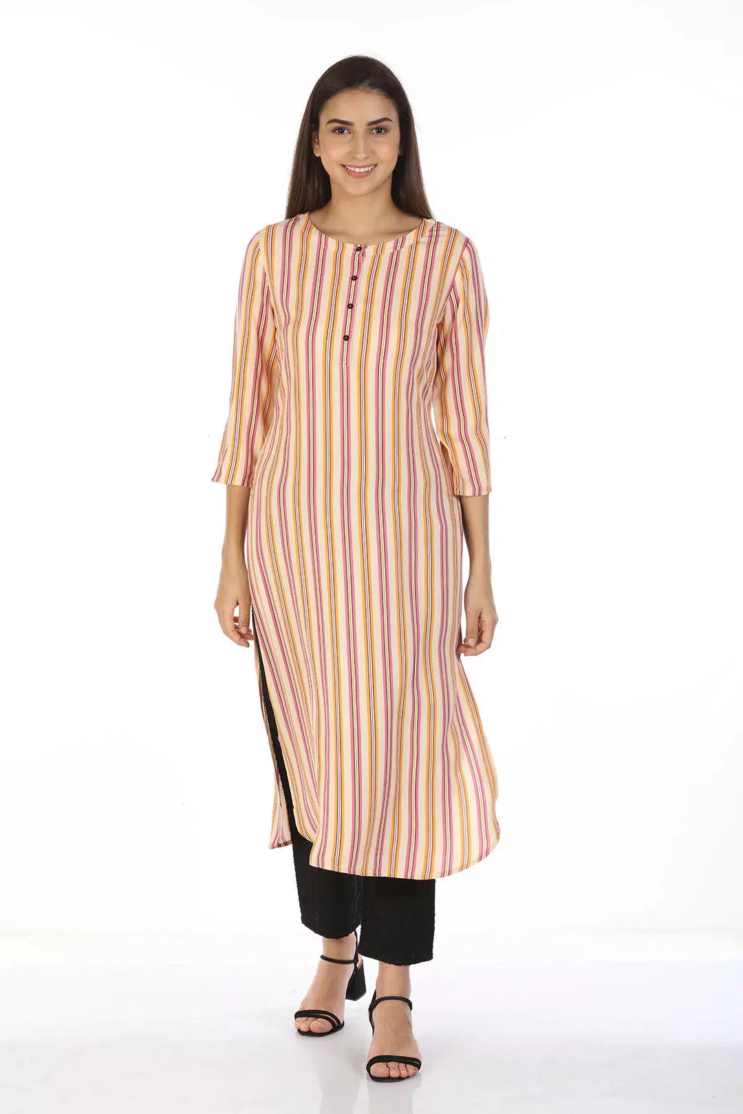 Rayon Striped Kurti with Round Collar (Peach)