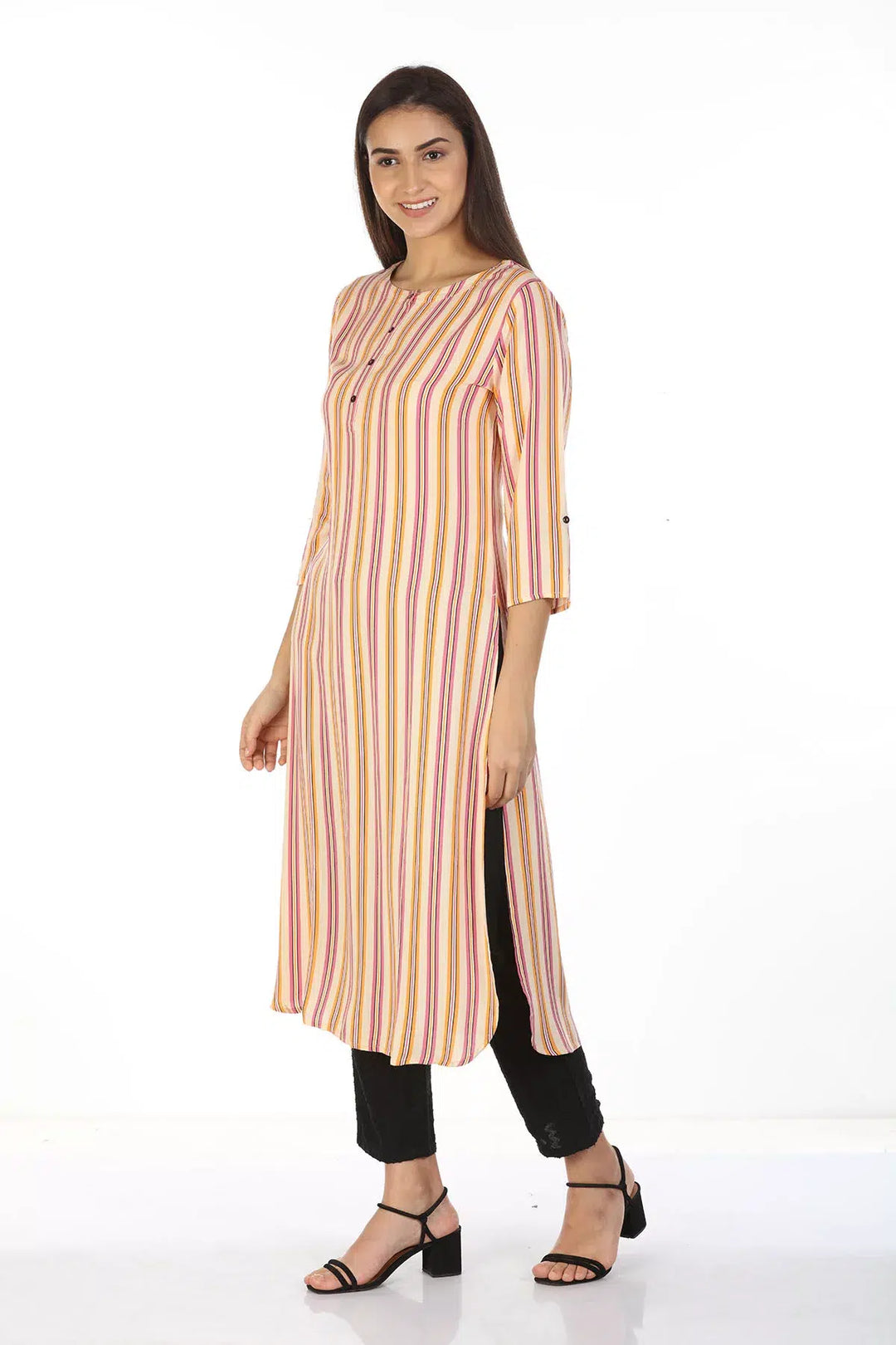 Rayon Striped Kurti with Round Collar (Peach)