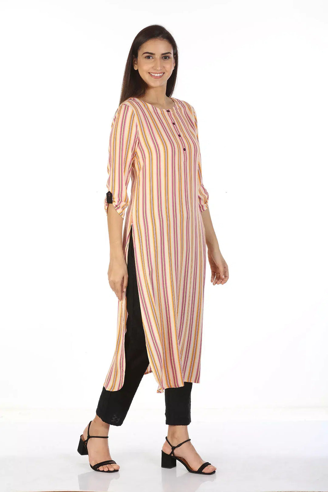 Rayon Striped Kurti with Round Collar (Peach)