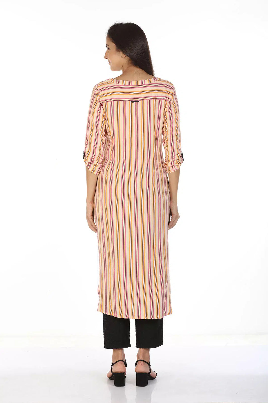Rayon Striped Kurti with Round Collar (Peach)